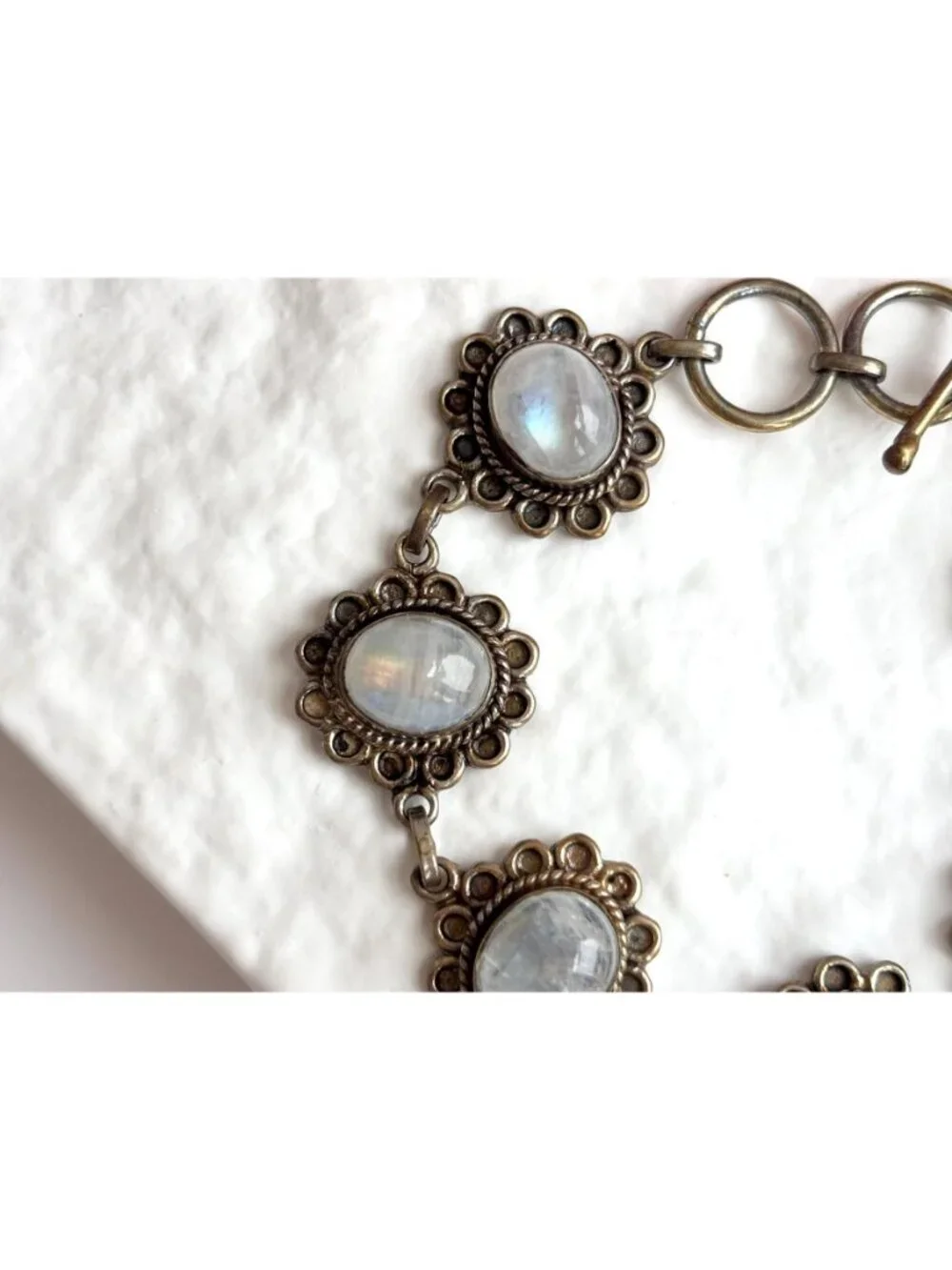 Iridescent Moonstone Vermeil Floral Sterling Silver 925 Vintage Bracelet
